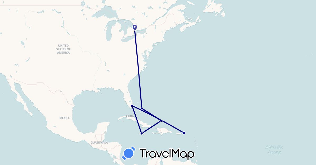TravelMap itinerary: driving in Bahamas, Canada, Jamaica, Turks and Caicos Islands, United States (North America)